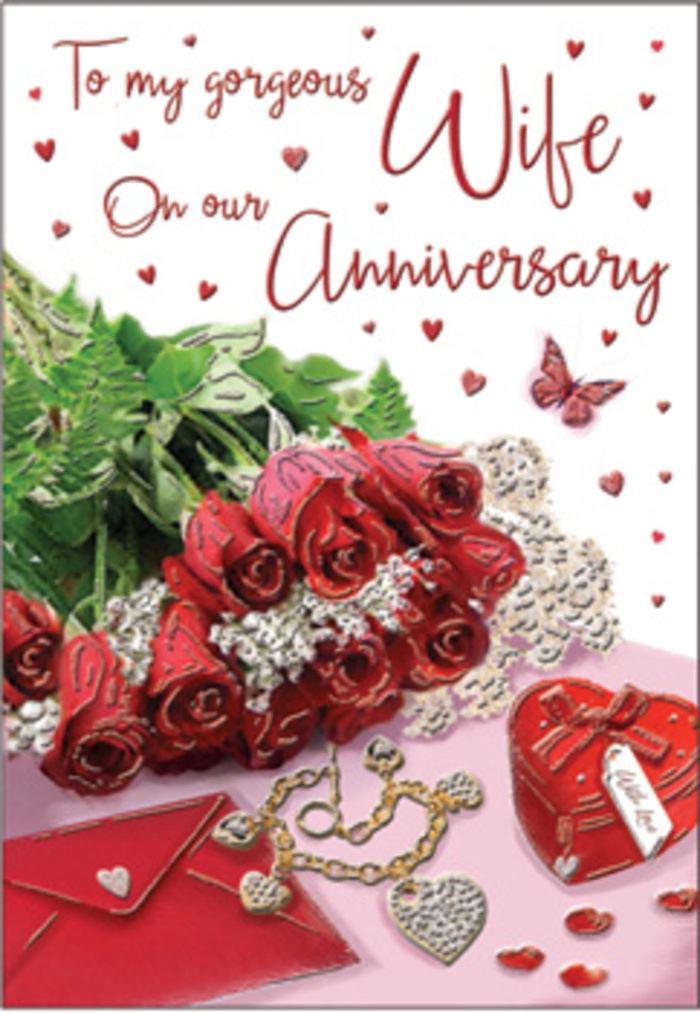 In this richly layered anniversary card image, a classic bouquet of red roses takes centre stage, arranged with the care of a Brompton florist used to marking life's most tender milestones. Each rose is luxuriously full, its petals curving outward in generous folds of deep, velvety scarlet, suggesting both passion and steadfast devotion. The blooms are cushioned by lush green foliage, the leaves varied in size and sheen, creating a natural frame that feels as abundant as the greenery in nearby Brompton gardens after a spring shower. The bouquet appears elegantly wrapped or presented against a textured backdrop, where delicate heart motifs and whisper-thin lace-like patterns drift across the surface. Around the roses are small but meaningful treasures: a refined jewellery set, perhaps a pair of earrings and a pendant, arranged with careful symmetry; a vivid red box whose smooth finish and crisp edges evoke the thrill of an anniversary gift; and subtle hints of gold and silver glinting in the soft light. The lighting itself is gentle and flattering, casting a warm glow that deepens the reds and softens the shadows, much like evening light falling through the windows of a Brompton townhouse. The scripted message on the card, though only partially visible, adds an emotional anchor, suggesting words of gratitude, admiration, and enduring love. Velvet, lace, and polished metal together create a tapestry of textures that feels like a warm embrace, transforming this still life into a visual echo of the years a couple has shared and the many more they hope to celebrate.