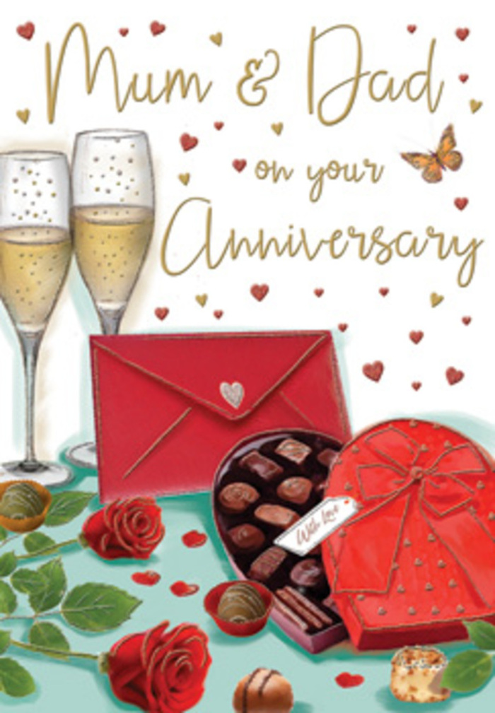 Detailed anniversary card artwork evoking a stylish Brompton family celebration, with every element designed to feel luxurious yet intimate. The scene is arranged across a soft, neutral surface, where two striking red roses rest in the foreground. Each rose is drawn with precise folds and shadows, giving the illusion of velvety petals you could almost touch, while lush, deep-green leaves fan out naturally around them, echoing the quality of blooms chosen by an experienced local florist. Nestled beside the roses is a heart-shaped box of chocolates, the lid decorated with an elaborate red bow whose silky loops catch flecks of light. The lid sits ajar, revealing neatly set truffles and small chocolate squares, their smooth tops rendered in rich browns that suggest creamy, indulgent flavours shared slowly after an anniversary meal at home in Brompton. Slightly behind this arrangement, two slender champagne flutes stand close together, their long stems casting subtle reflections. They are filled with golden, sparkling champagne, bubbles rising in fine streams and catching imagined reflections of nearby lamps or candles. Around the upper half of the card, soft gold and crimson hearts drift and swirl, drawing the eye toward a tender, hand-lettered message addressed to Mum & Dad, the lettering curved and friendly. Off to one side lies a scarlet envelope, closed yet clearly ready to be opened, hinting at a heartfelt note inside. The overall lighting is warm and gentle, reminiscent of evening in a Brompton flat overlooking quiet garden squares, conveying an atmosphere of gratitude, celebration, and shared history between parents whose love has grown more meaningful with each passing year.