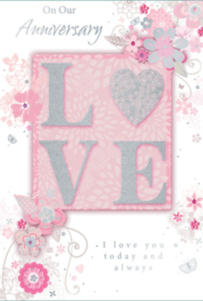 The image presents a romantic anniversary card styled with the care of an experienced Brompton florist sketching out a bespoke design. Dominating the centre is the word LOVE, raised from the card in thick, tactile letters coated with fine glitter that shifts between soft silver and frosted white as the light plays across the surface. This central word rests on a blush-pink field that subtly deepens in tone toward the edges, suggesting depth and warmth, before blending seamlessly into a background of pearlescent white and pale grey. Around the focal word, a constellation of delicate, flowing flowers and slender leaves curls in graceful arcs, reminiscent of the gentle movement of stems in a hand-tied bouquet. The blossoms are stylised rather than botanically precise, their outlines traced in powder pinks and soft silvers, with tiny details that catch the eye like touches of foil. Fine tendrils and looping lines sweep outward, filling the corners and sides of the card, yet leaving enough open space to preserve a calm, airy feel. Between these floral sweeps, an elegant, handwritten-style message expresses heartfelt anniversary sentiments, its curves and spacing echoing the natural flow of the surrounding vines. The card's colour story-blush, pearly white, and silver-grey-creates a soothing, romantic atmosphere, like the muted tones of an early evening stroll along Brompton Road when the shop lights begin to glow. The overall mood is one of enduring affection, delicately rendered and quietly luminous.
