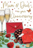 Atmospheric anniversary card imagery that feels like a romantic evening set in Brompton, created especially for celebrating Mum and Dad. On the table in the foreground, two sumptuous red roses lie gracefully, their petals illustrated with soft gradients of crimson and ruby, so full and layered they seem freshly cut from a florist's stem bucket. The roses are framed by rich green leaves that add depth and movement, guiding the eye toward a heart-shaped box of chocolates. This box, finished with a bold red bow, is shown slightly open, offering a glimpse of perfectly aligned chocolates whose smooth surfaces catch the light like polished truffles from a favourite local patisserie near Brompton Road. Close by, two elegant champagne flutes rise together, their slim stems and delicate rims drawn with crystal-clear precision. Each glass is filled with pale, sparkling champagne, tiny bubbles rising toward the surface, evoking the sound of a soft clink as Mum and Dad share a toast in their kitchen or dining room. Above this intimate still life, little gold and crimson hearts drift around the loving words Mum & Dad, hand-lettered in a warm, celebratory style. To the side, a scarlet envelope rests partly in view, its colour echoing the roses and ribbon, suggesting a thoughtful, handwritten message inside. The lighting feels like gentle evening glow, as if coming from a nearby lamp in a Brompton home, wrapping the whole illustration in warmth and nostalgia. The card's overall mood is one of gratitude, tenderness, and the simple pleasure of marking another year together with roses, champagne, and sweet treats shared in quiet companionship.